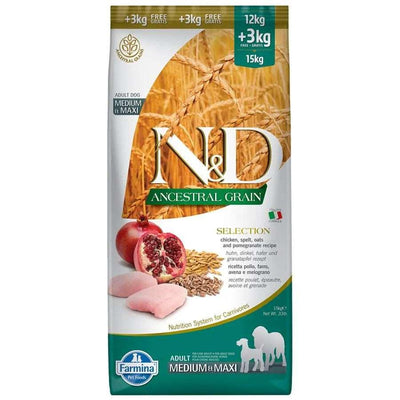 Farmina N&D Chicken & Pomegranate Ancestral Grain Adult Medium & Maxi Selection (12+3Kg Free) Dog Dry Food - Cadotails