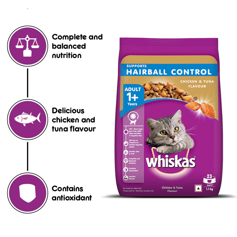 Whiskas Hairball Control Chicken & Tuna Flavour Cat Dry Food for Adult Cats (1+ Years) - Cadotails